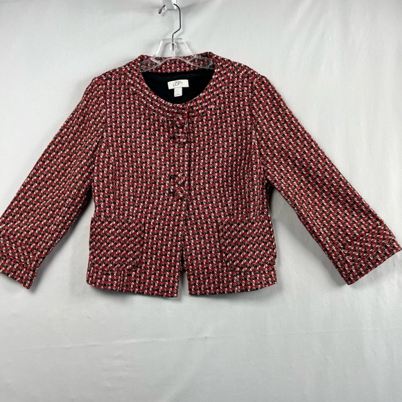 LOFT Jackets & Blazers - Loft Swing Jacket Womens 6 Boxy Houndstooth Tweed Red Black Career